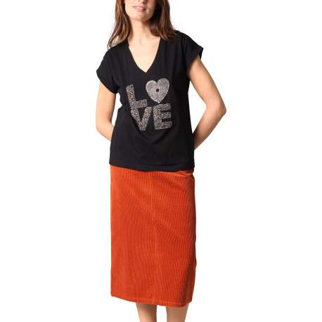 T-shirt en coton noir avec un motif fantaisie en perles et un col v