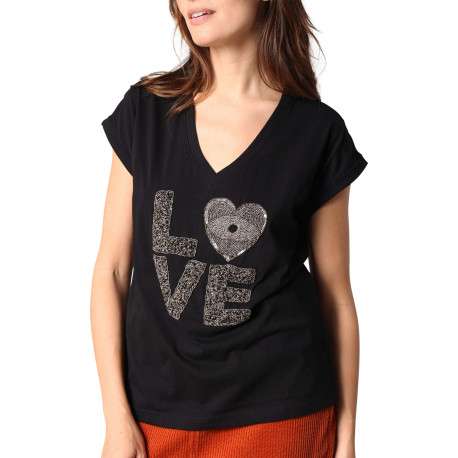 T-shirt en coton noir avec un motif fantaisie en perles et un col v - Image 3