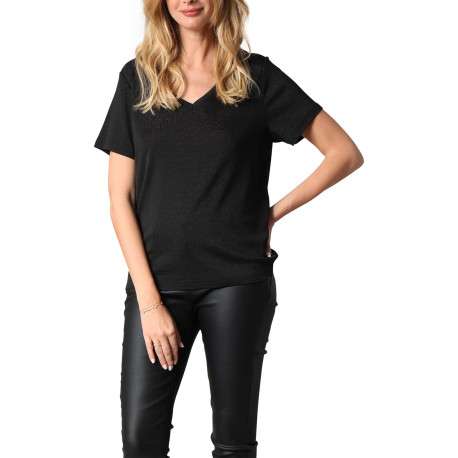 T-shirt noir orné de fils lurex avec un col v et des manches courtes