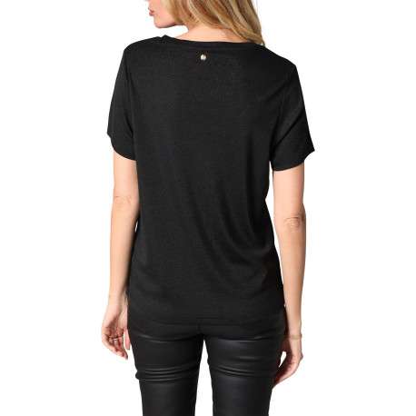T-shirt noir orné de fils lurex avec un col v et des manches courtes - Image 2