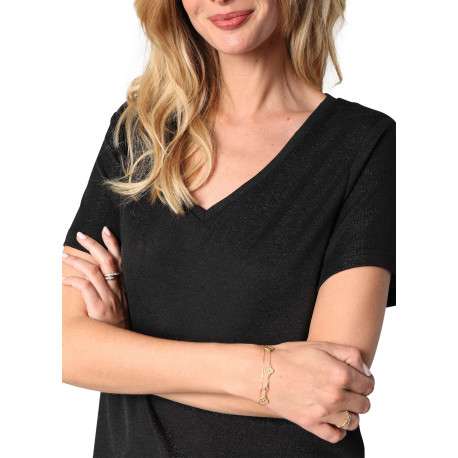T-shirt noir orné de fils lurex avec un col v et des manches courtes - Image 3