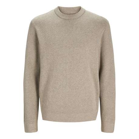 Pull manches longues en coton beige en maille fine à coupe droite avec col rond
