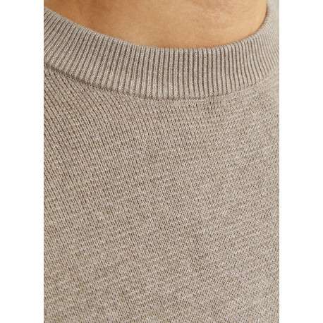 Pull manches longues en coton beige en maille fine à coupe droite avec col rond - Image 2