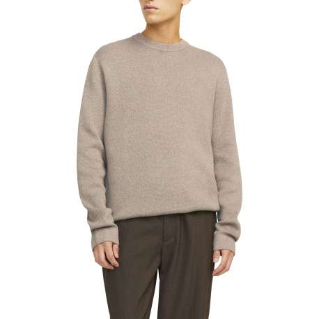 Pull manches longues en coton beige en maille fine à coupe droite avec col rond - Image 3