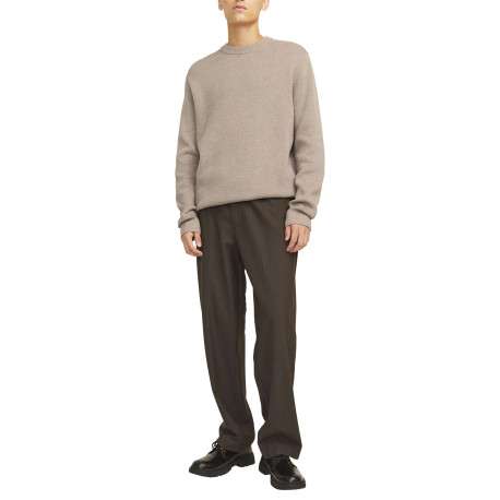Pull manches longues en coton beige en maille fine à coupe droite avec col rond - Image 4