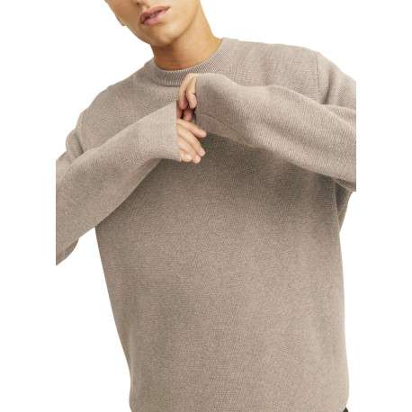 Pull manches longues en coton beige en maille fine à coupe droite avec col rond - Image 6