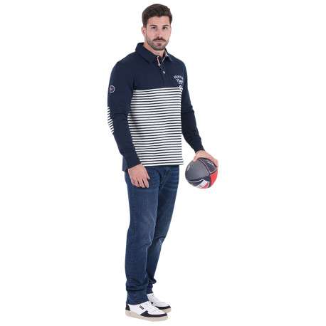 Polo en coton biologique marine rayé avec un col à revers et une coupe droite