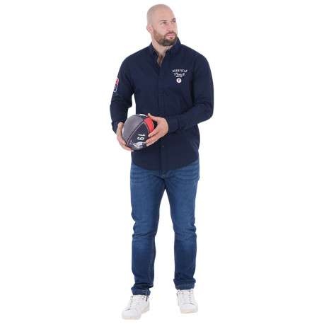 Chemise en coton biologique marine unie à coupe ajustée avec un col boutonné