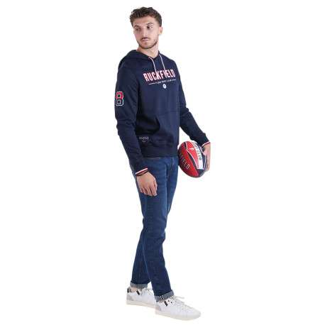 Sweat marine uni avec une coupe droite un col à capuche et des manches longues