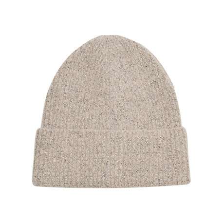 Bonnet rose pâle avec large revers et incrustation de fils lurex