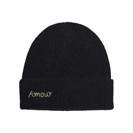Bonnet marine uni avec large revers et inscription ""Amour"" sur le devant
