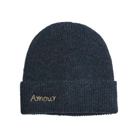 Bonnet bleu nuit avec large revers et inscription ""Amour"" sur le devant