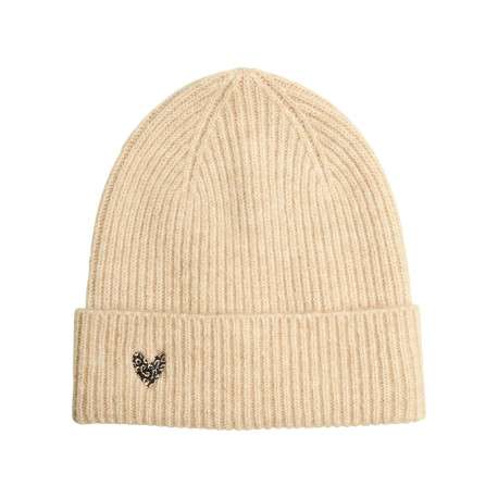 Bonnet beige uni avec un coeur motif léopard brodé à l'avant