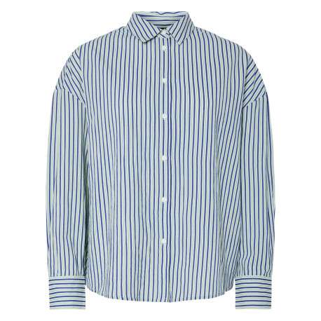 Chemise en coton biologique rayée bleue et verte avec boutonnière à l'avant