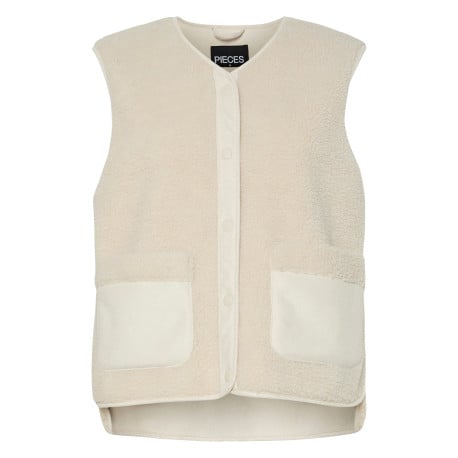 Veste beige unie sans manche avec un col v et boutons-pression à l'avant