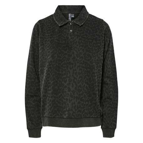 Polo anthracite à motif léopard avec col chemise et manches longues