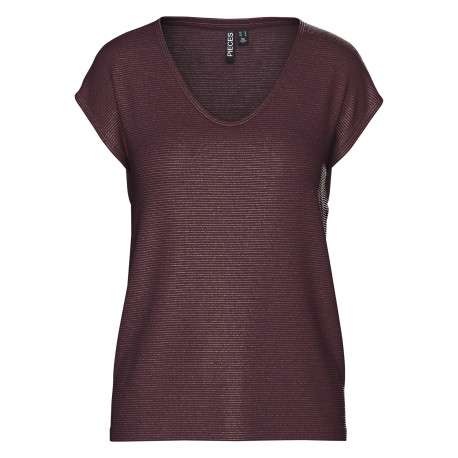 T-shirt bordeaux à rayures avec col v arrondi et incrustation de fils lurex