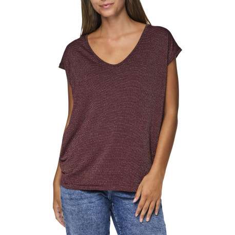 T-shirt bordeaux à rayures avec col v arrondi et incrustation de fils lurex - Image 3