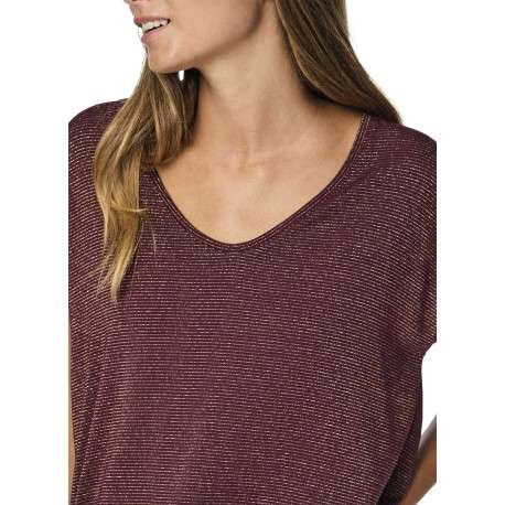 T-shirt bordeaux à rayures avec col v arrondi et incrustation de fils lurex - Image 5