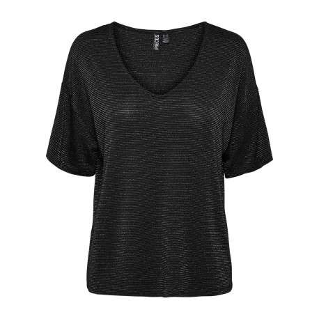 T-shirt noir rayé avec col v arrondi et incrustation de fils lurex