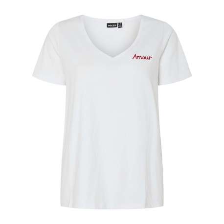 T-shirt blanc uni à col v avec inscription ""Amour"" brodé sur la poitrine