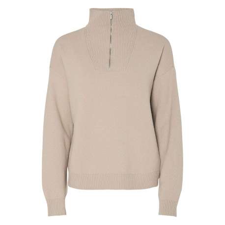 Pull beige uni avec un col montant zippé et des manches longues
