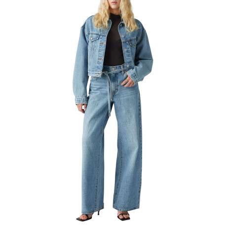 Jean en coton bleu clair uni avec une coupe bootcut et une ceinture amovible - Image 5