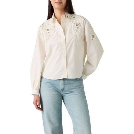 Chemisier en coton écru uni avec un col chemise et des détails brodés - Image 3