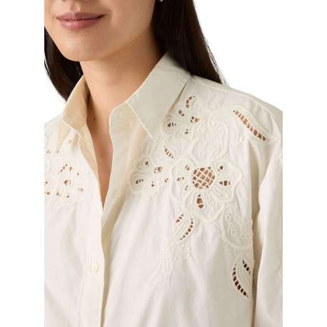 Chemisier en coton écru uni avec un col chemise et des détails brodés - Image 5