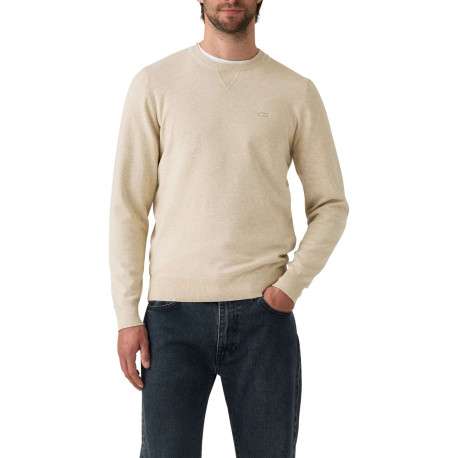 Pull en coton beige uni avec un col rond et des manches longues - Image 3