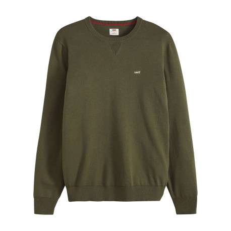 Pull en coton kaki uni avec un col rond et des manches longues