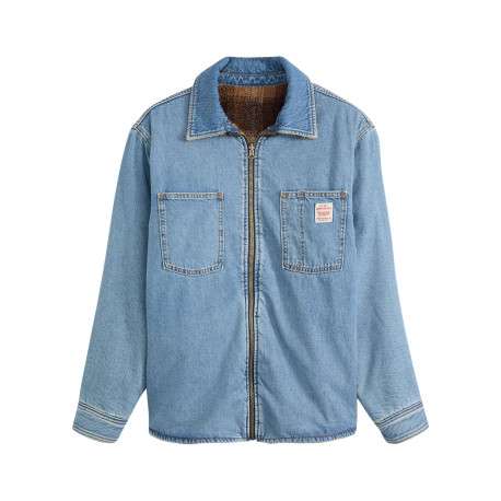 Blouson réversible en coton bleu jean clair uni et moumoute motif écossais