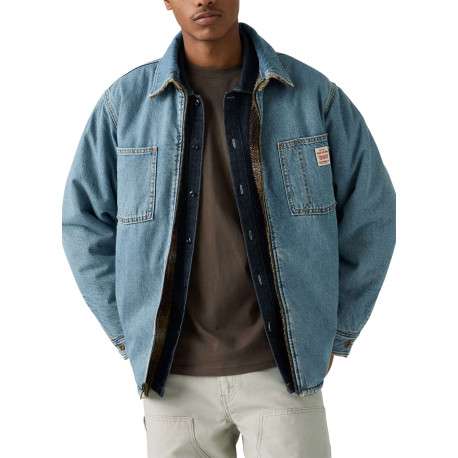 Blouson réversible en coton bleu jean clair uni et moumoute motif écossais - Image 2
