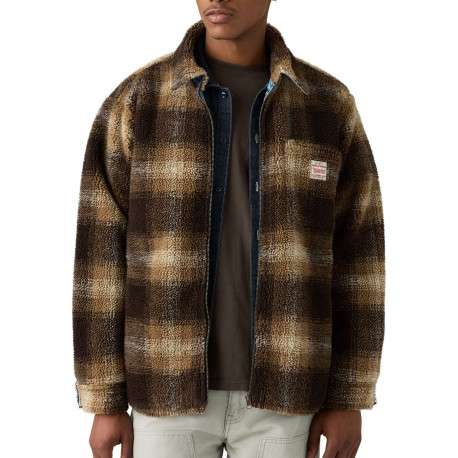 Blouson réversible en coton bleu jean clair uni et moumoute motif écossais - Image 3