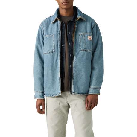 Blouson réversible en coton bleu jean clair uni et moumoute motif écossais - Image 4