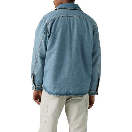 Blouson réversible en coton bleu jean clair uni et moumoute motif écossais - Image 5