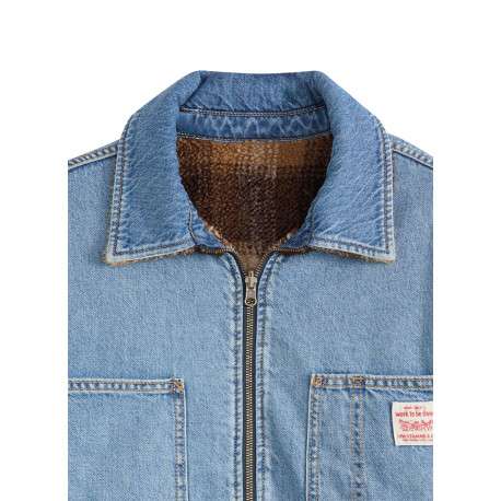 Blouson réversible en coton bleu jean clair uni et moumoute motif écossais - Image 6
