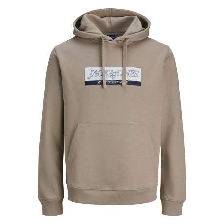Sweat en coton mélangé beige avec logo bleu imprimé et un col à capuche