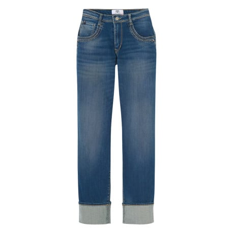 Jean en coton bleu uni avec une coupe droite et des revers sur le bas