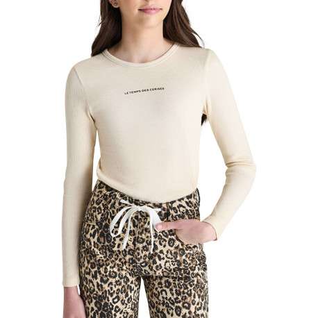 T-shirt en coton ecru uni avec un col rond et des manches longues