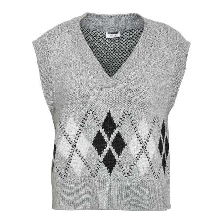 Pull sans manches en maille gris clair à motifs géométriques avec un col v