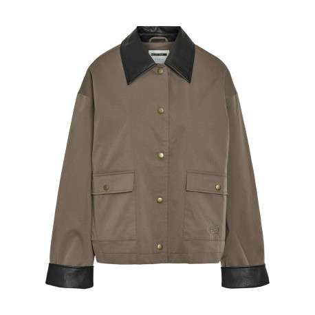 Blouson taupe uni avec un col à revers et l'extrémité des manches en simili cuir