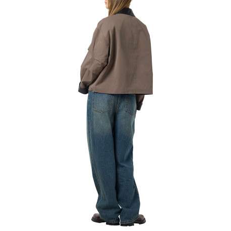 Blouson taupe uni avec un col à revers et l'extrémité des manches en simili cuir - Image 2