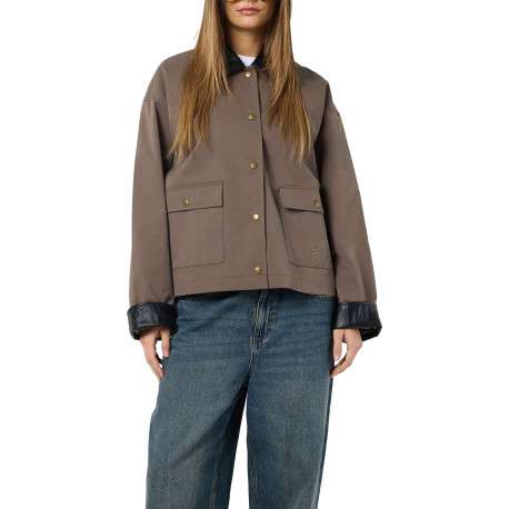 Blouson taupe uni avec un col à revers et l'extrémité des manches en simili cuir - Image 4