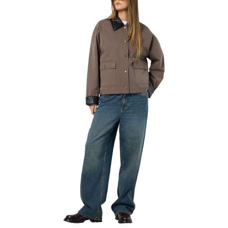 Blouson taupe uni avec un col à revers et l'extrémité des manches en simili cuir - Image 5