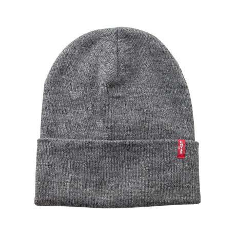 Bonnet gris uni avec large revers et logo contrasté de la marque