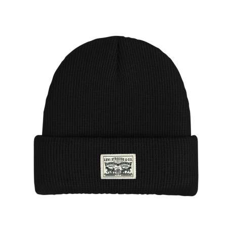 Bonnet en coton noir uni avec large revers et logo de la marque à l'avant