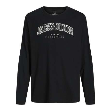 T-shirt manches longues en coton noir uni avec une coupe droite et un col rond