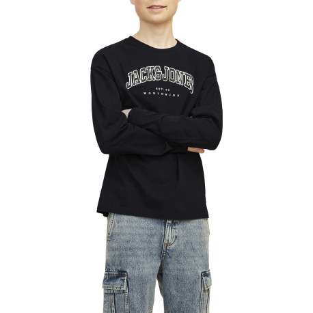 T-shirt manches longues en coton noir uni avec une coupe droite et un col rond - Image 3