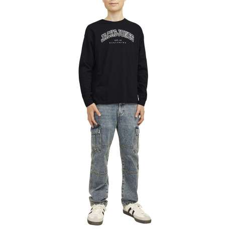 T-shirt manches longues en coton noir uni avec une coupe droite et un col rond - Image 4